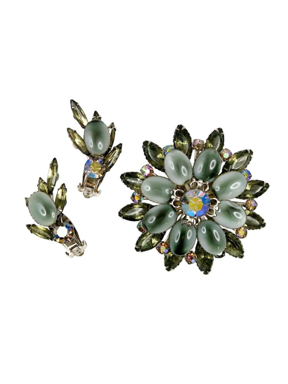 Celebrity Gray Cabochon & AB Rhinestones Brooch Earrings Set Vintage Jewelry